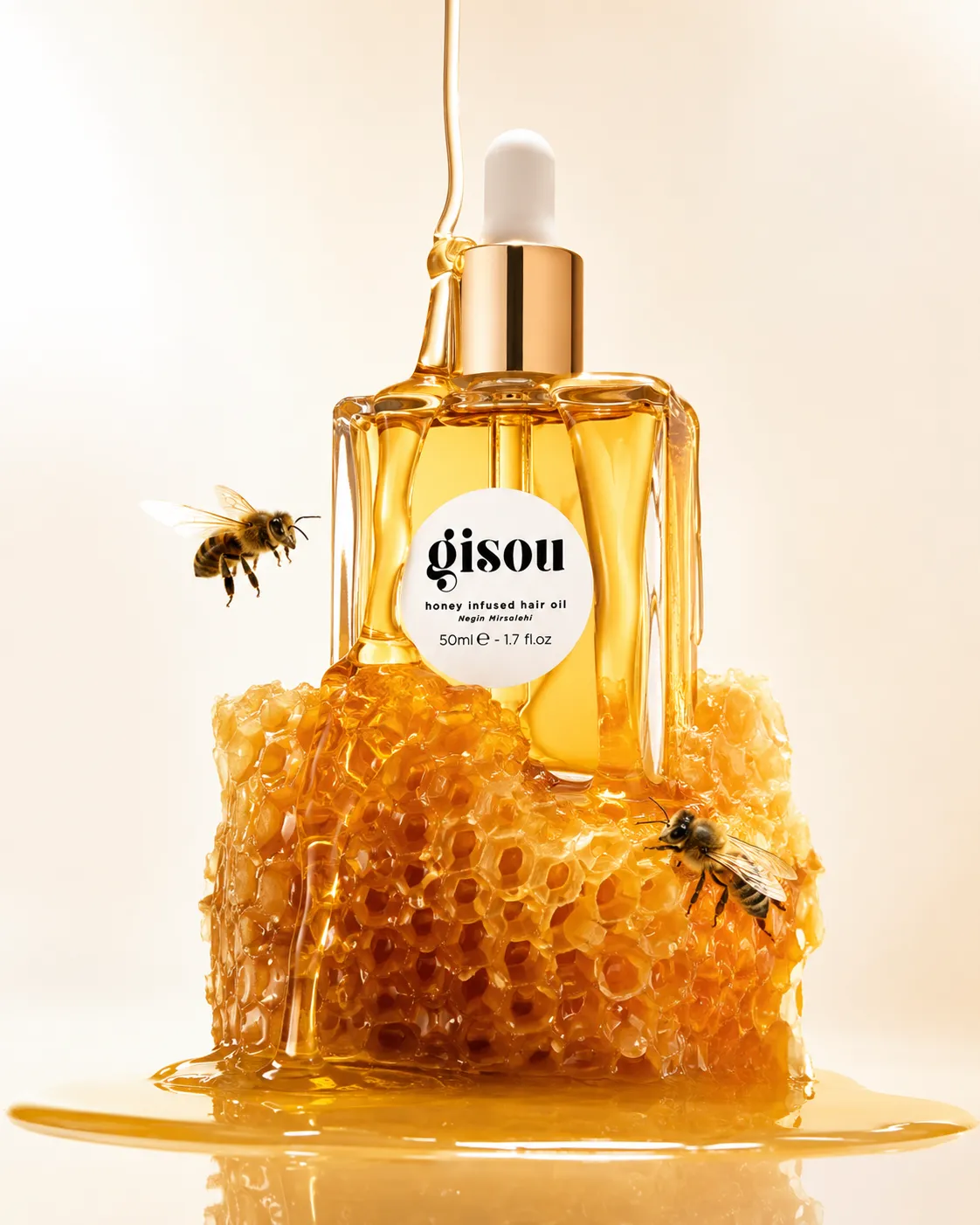 Packshot huile de soin au miel, mise en scène IA — Riviera Skills Studio
