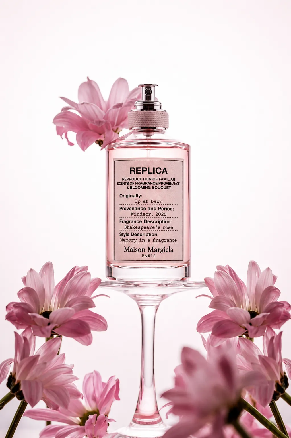Flacon de parfum Replica entouré de fleurs roses, visuel généré par IA — Riviera Skills Studio